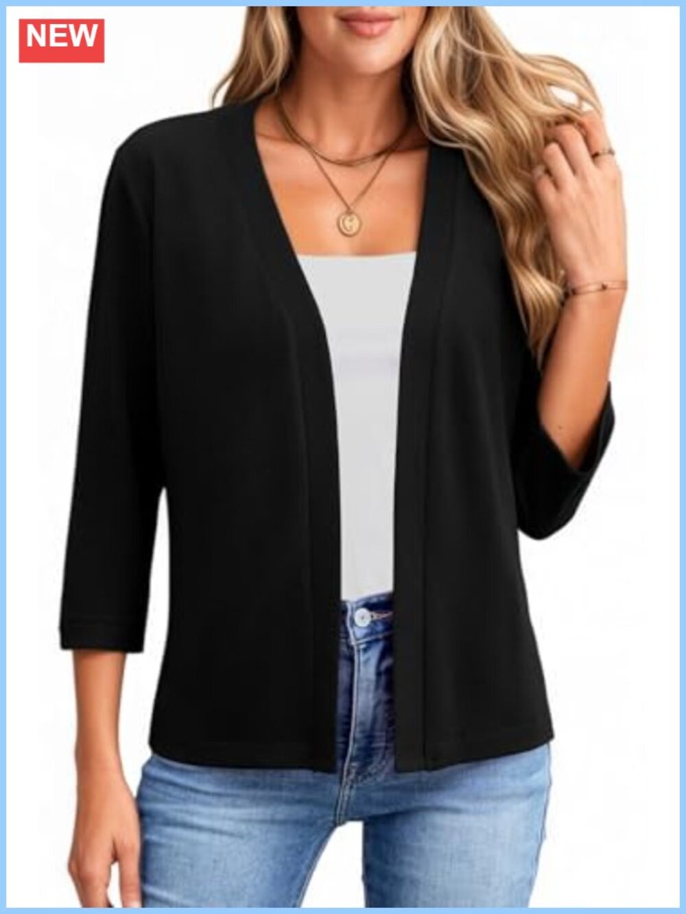 Womens 3/4 Sleeve Open Front Cropped Cardigan Ribbed Knit